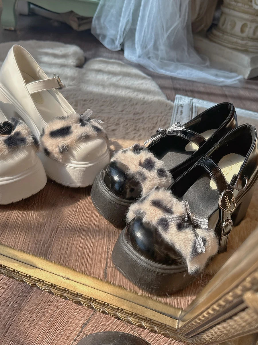 Advbridge Black/white Leopard Print Round Toe Versatile Thick Soled Leather Shoes College Style Spicy Girl Lolita Single Shoe