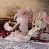Advbridge French Sweet Vintage Girls Shoes Cosplay Pink Elegant Lace Flower Pearls Pointed Sandals Bandages Bowknot 8cm High Heel Shoes