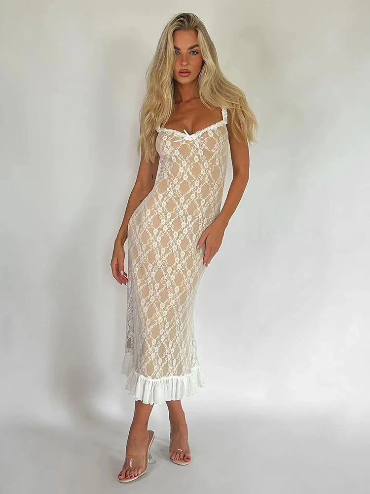 Advbridge Lace Mesh Bodycon Midi Party Dress Women Apricot Ruffles Elegant Black Sexy Club Shealth Dress Robe 2024 Tank Dress