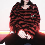 Advbridge Women Sweater Harajuku Gothic Girl Skull Striped Knitted Sweater Punk Rock Zipper Loose Hooded Short Cardigan Chic Streetwear
