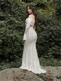 Advbridge Autumn Lace Off-Shoulder Long Dress For Women See-Through Printed Lace-Up High Waist Luxury Female Elegant Party Dress New