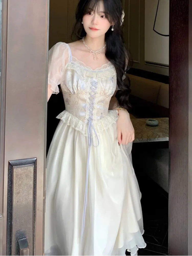 Advbridge Elegant Princess Birthday Party Dress Puff Sleeve Lace-up A-line Midi Dresses for Women Square Collar Prom Robe Vestidos Mujer