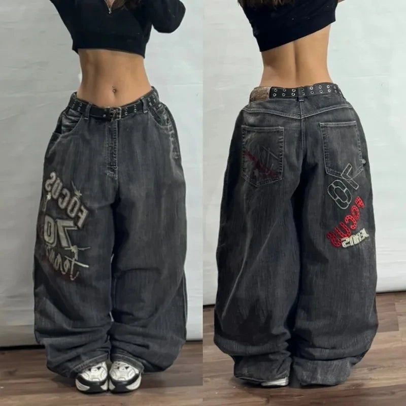 Advbridge Street Vintage Jeans New Y2K Harajuku Yellow Embroidery patch Baggy Jeans Denim Pants Mens Womens High Waist Wide Trousers