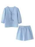 Advbridge Plaid Print Women Matching Set Summer Casual V Neck Bowknot Shorts Set 2 Pcs Outfits Blue Chic Spring Blouse+shorts Set