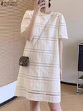 Advbridge Vintage Solid Color Dress 2025 Summer Short Puff Sleeve Mini Robe Korean Cotton Embroidery Vestidos Office Lady Lace Robe