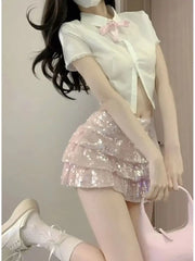 ADVBRIDGE  -  Kawaii Sweet Fashion Suits 2025 Summer Pink Sequined Cake Bow Short Mini Skirts Slim Shirt Top Spice Girl Two-piece Suit