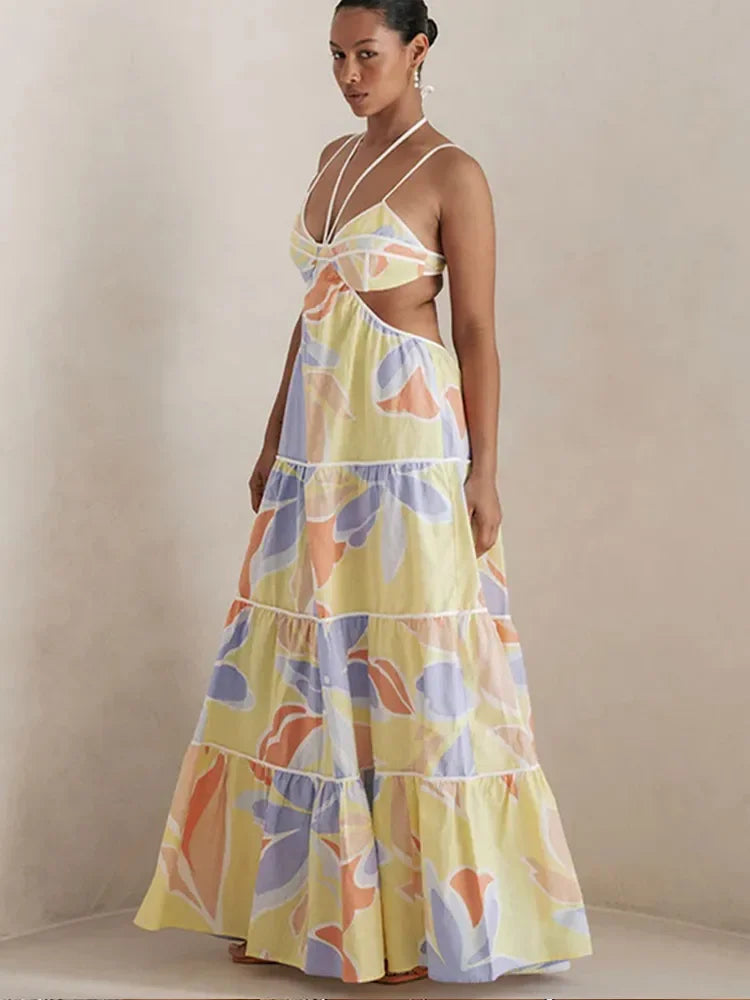 Advbridge New Vacation Floral Printed Cut Out Women Sling Dress Hollow Out Sleeveless Lace Up Dropped Waist Lady Robes 2025 Beachwear