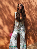 Advbridge 2 Pcs Pants Women Set Outfits Autumn Linen Cotton Printed Boho Vest+pants Wide Leg Long Pants Set Pockets Vintage Set
