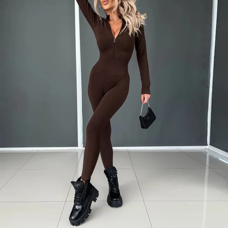 Advbridge Street Sports Long Sleeve Elastic Romper Hot Girls  Bodycon Ribbed Long Jumpsuit Fashion Solid O Neck Zipper Tight Bodysuit