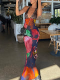 Advbridge MO Elegant Tie Dye Floral Chiffon Dress Summer Sexy Women Backless Lace Bodycon See Through 2024 Beach Party Vestidos