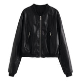 Advbridge Street Fashion Short Slim-fit PU Leather Zipper Jacket,Women's Autumn New Stand Collar Locomotive Clothing, Pilot Leather Jacket