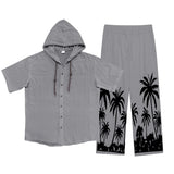 ADVBRIDGE  -  Daily Casual Loose Two Piece Suits Men Summer Fashion Pattern Print Outfits Mens Short Sleeve Hooded Shirts And Pants Loose Sets