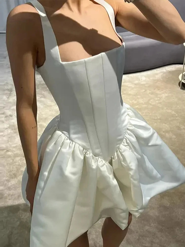 Advbridge Satin Mini White Dress Women Spaghetti Strap Ruffles Backless Pleated A-line Dresses 2024 Summer Banquet Evening Party Looks