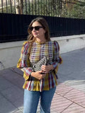 Advbridge Casual Plaid Print Ruffle Hem Blouse For Women Fashion Puff Sleeve O-neck Loose Shirt 2025 Spring Female Loose High Street Tops