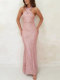 ADVBRIDGE  -  Party Dresses For Women Sexy Sequin Night Robe Off Shoulder Sleeveless Bodycon Evening Maxi Dress Clothing New Year Dress