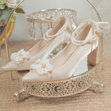 Advbridge Elegant Flowers High Heels Pumps Women 2024 New Pearl Ankle Strap Wedding Shoes Woman String Bead Small Square Heel Bridal Shoes