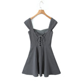 Advbridge Retro French Gray V Low Chest Bodycoon Corset style Mini Dress Women Cross Lacing up Back Short Sleeve A-line Party Robe Summer