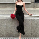 ADVBRIDGE  -  Party Club Spaghetti Strap Temperament Long Dress Women Simple Criss-cross Solid Color Sleeveless Open Back Sheath Vestidos