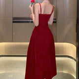 ADVBRIDGE  -  Vintage Velvet Spaghetti Strap Dress Women Elegant Party Sexy Slim Skirt French Autumn Winter High Waist Bottom Dress