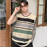 Advbridge Sweater Vest Men Harajuku Fashion Simple Popular Summer Hollow Out All-match Streetwear Japanese Style Striped Knitwear Hip Hop