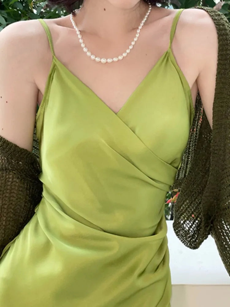Advbridge Sexy Women Summer Spaghetti Strap Midi Dress New Fashion Evening Party Ladies Eleglant Sundress Vintage Satin Casual Robe New