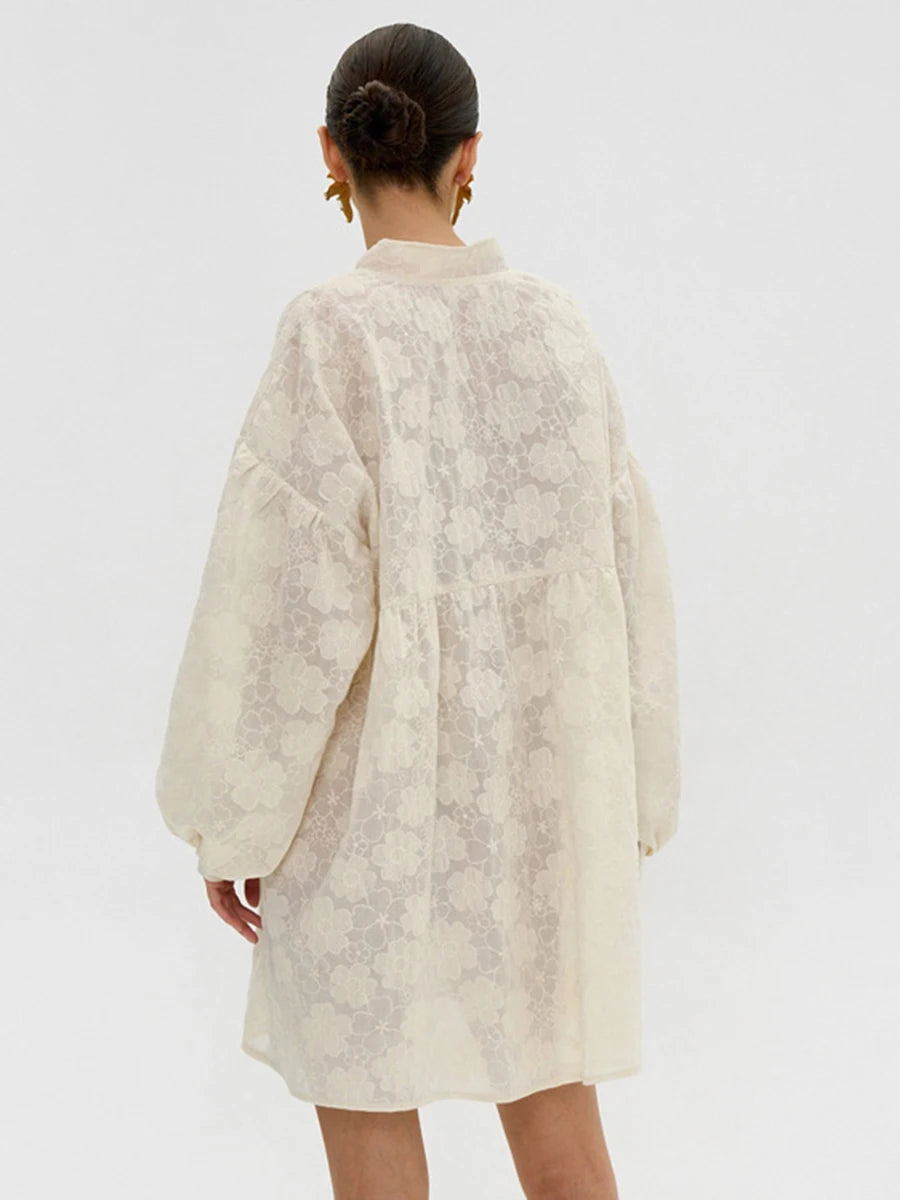 ADVBRIDGE  -  Flower Embroidery Mini Dress Women Ruffle V Neck Single Breasted Long Sleeve Dresses Summer Elegant Casual Loose A-line Vestidos
