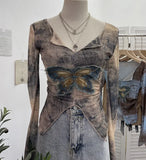 Advbridge Women's Sexy Mesh V-neck Navel-Baring T-shirt Skinny Hot Girl Denim Butterfly Embroidered Patchwork Top Essential Streetwear8921