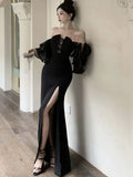 Advbridge Sexy Bodycon Evening Party Dresses for Women Ruffles Strapless High Split Black Mermaid Korean Fashion Prom Robe Vestidos New