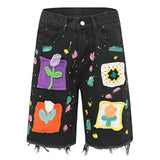 Advbridge Harajuku Vintage Knitted floral Pattern Denim Shorts Men's Oversized Straight Cut Jeans Casual Loose Shorts College Pants Y2K