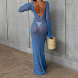 ADVBRIDGE  -  Backless Long Knit Beach Dress Women Holiday Casual See-Through Long Sleeve O Neck Hollow Out Long Dress Bikini Cover Up