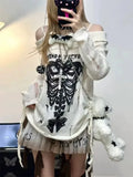 Advbridge Y2k Harajuku Gothic Knitted Pullovers Women Japanese Fashion Sexy Skull Off The Shoulder Punk Girls Hole Loose Sweater