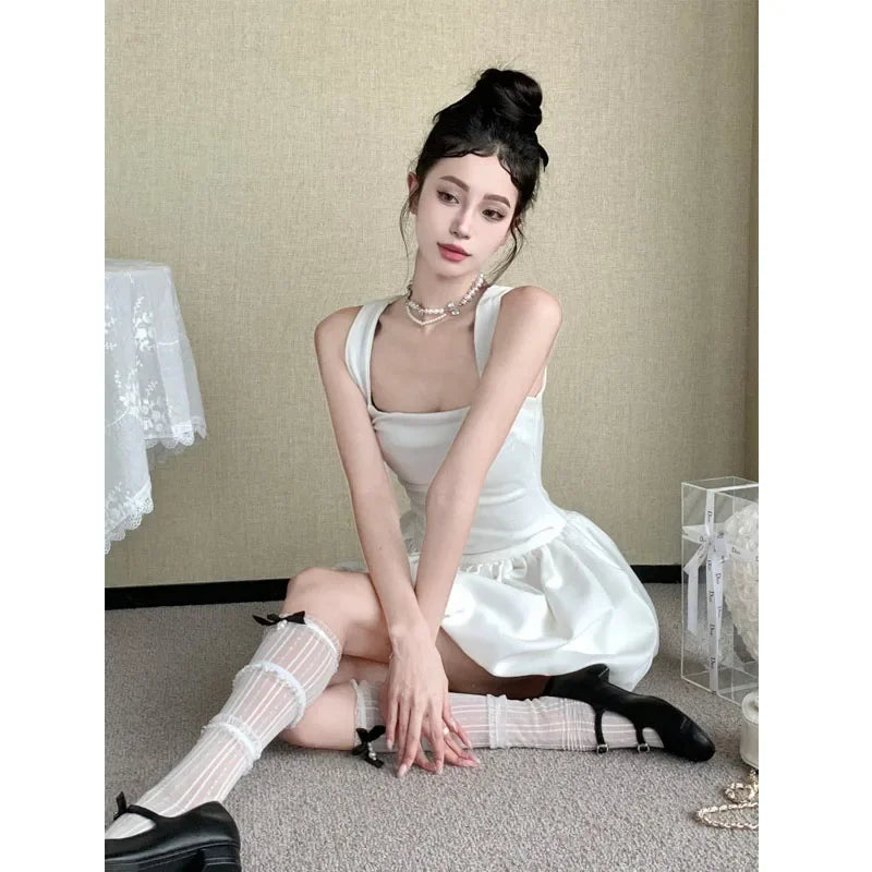 Advbridge Sweet Kawaii White Mini Dress Elegant Sexy Balletcore Women Korean Y2k Summer Short Dresses Party Dress French Vintage