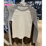Advbridge Vintage Patchwork Ribbed T-shirt Women Autumn Casual Round Neck Long Sleeve Tee Shirt Retro Streetwear Chic Cotton T Shirt Tops