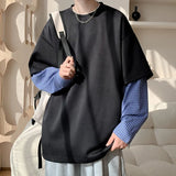 ADVBRIDGE  -  Fashion Oversized Solid Color Fake Two-Piece Hoodie with Checkered Sleeves Trendy Plus Size Pullover for Men and Women Autumn