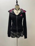Advbridge Autumn/Winter Vintage Black Letter Slim Fit Hoodies Skulls Element Zip Up Cotton Sweatshirts Waist Tight Top Coat Hoodie