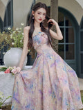 ADVBRIDGE  -  Women Summer Suspenders Dresses Sweet Oil Paint Print Retro Ruffle Strapless Elegant Sling Dress Chiffon Women's Fairy Vestidos
