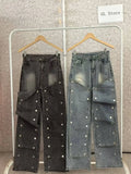 Advbridge  Women Streetwear Button Cutout Cargo Straight Denim Wide Leg Jeans Pants 2024 INS Elastic Fashion Party Cargo Trousers