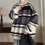 Advbridge Striped Sweater Men's Japanese Loose Retro Student Contrasting Base Shirt Round Neck Knit Jacket Men's Handsome