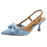 ADVBRIDGE  -  Denim Bow knot Women Sandals Pointed Toe Back Strap thin Heel Slide Sandals Summer Fashion Comfortable Buckle designer High Shoe