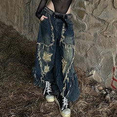 Advbridge American New Fashion High Street Deconstruction Tassel Jeans Men And Women Y2K Harajuku Vintage Old Big Pocket Hole Mop Pants