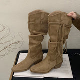 ADVBRIDGE  -  Western Style Fashion Hemp Tassel Knee High Boots Women Winter Street Pointed Toe Cowboy Boots Low Thick Heels Long Shoes