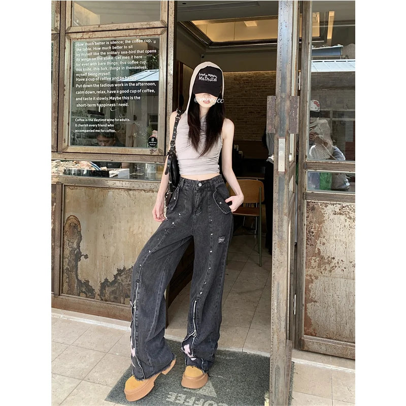 Advbridge Black High Waist Women Jeans Vintage Straight Casual Baggy Punk Hip Hop Y2K Street American Wide Leg Female Trouser Denim Pants