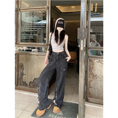 Advbridge Black High Waist Women Jeans Vintage Straight Casual Baggy Punk Hip Hop Y2K Street American Wide Leg Female Trouser Denim Pants