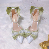 Advbridge Lolita High Heels for Women Pearl Lace Green Designer Shoes High End Knot Bridal Shoes 2023 Fashion Women Trending