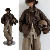 Advbridge Autumn Japanese neutral retro PU leather motorcycle jacket loose faux leather coat double chest pocket lapel couple jacket
