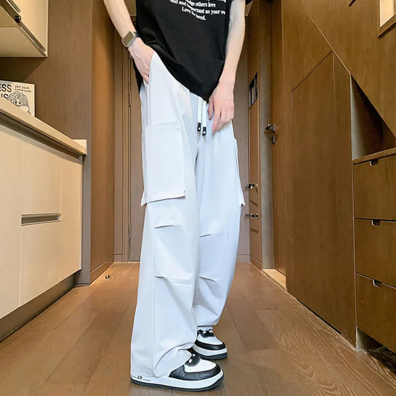 Advbridge New Chic Men's Casual Ice Silk Pants Loose Straight Wide Leg Solid Color Male Drawstring Trousers Summer Simple 2024
