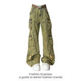 Advbridge American New Vintage Old Multi-pocket Tooling Jeans Female Y2K Harajuku Style Fashion Embroidery Baggy Slim Wide Leg Mop Pants