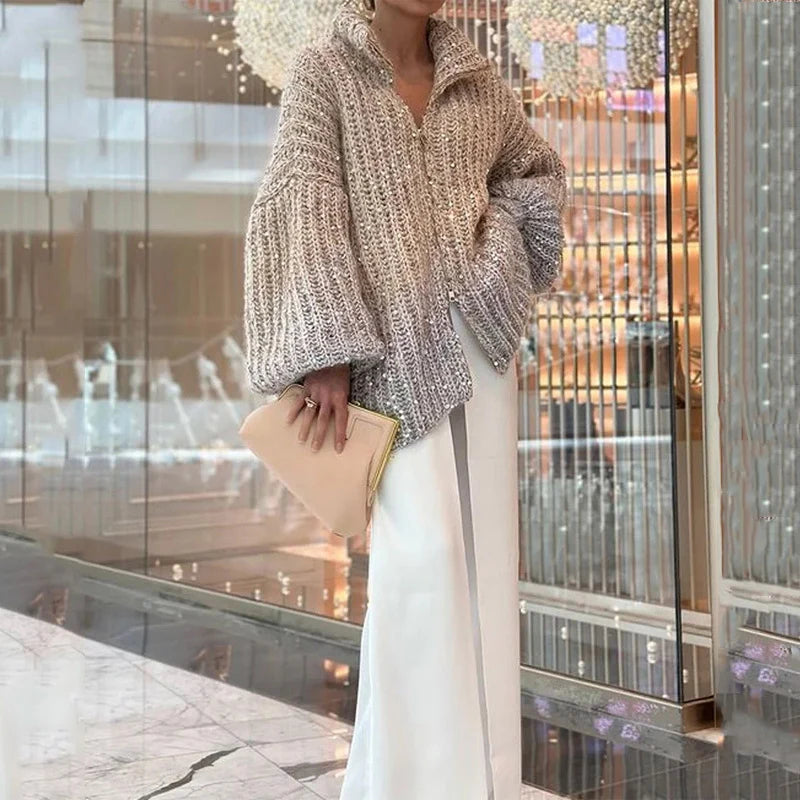 Advbridge Winter Lantern Sleeve Zipper Knitted Outwear Elegant Solid Color Soft Sweater Coat Women Temperament Sequin High Street Cardigan