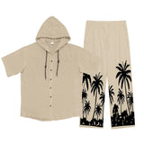 ADVBRIDGE  -  Daily Casual Loose Two Piece Suits Men Summer Fashion Pattern Print Outfits Mens Short Sleeve Hooded Shirts And Pants Loose Sets