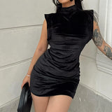 ADVBRIDGE  -  Classics Retro Black Velvet High Collar Tank Dress Womens Elegant Sexy Stylish Bodycon Flying Sleeves High-waisted Vestidos